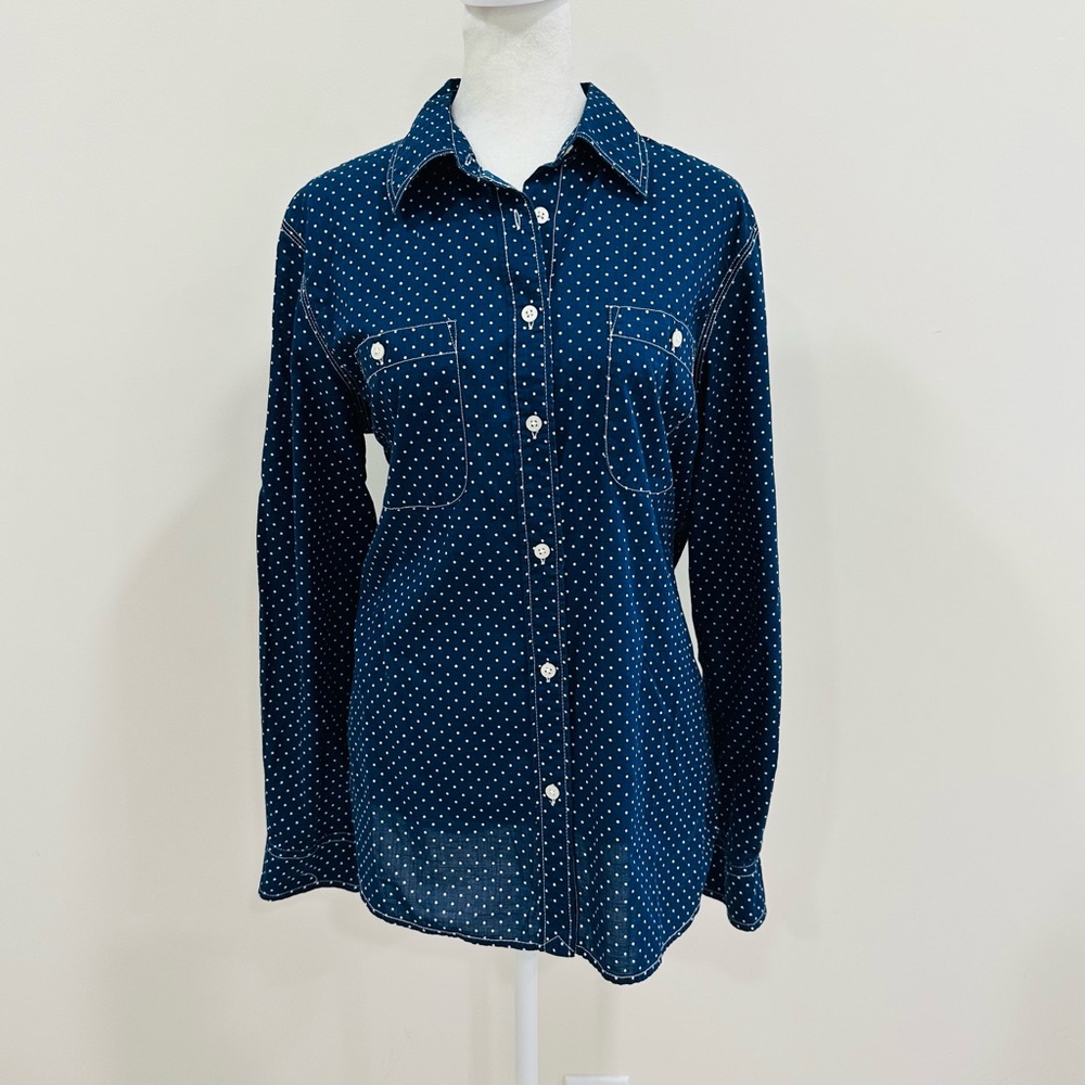 RALPH LAUREN Jeans LRL Blue White Polka Dot Shirt Button Women's Size L